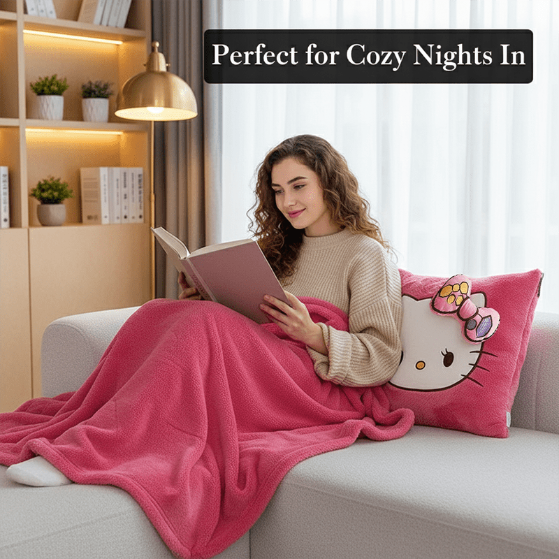 Sanrio Hello Kitty 2-in-1 Plush Pillow & Blanket Set - Pink Soft Cushion & Portable Quilt for,, s, Cute Bedspread or Car Mat, Birthday/Valentine's/Mother's Day Gift (Official Licensed)
