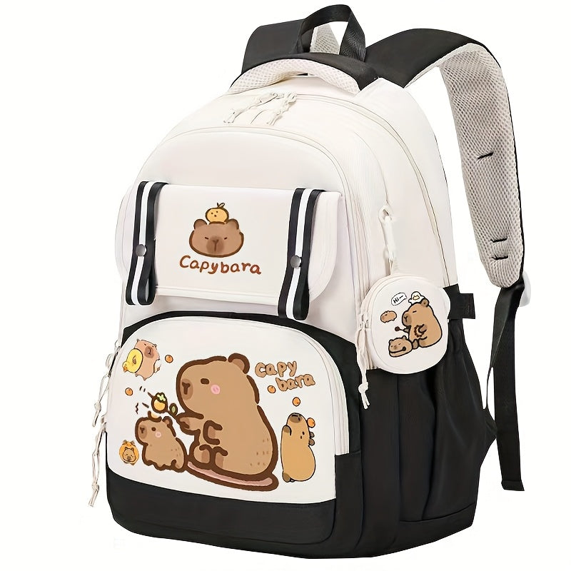 Capybara Casual Backpack | Lightweight Polyester School Bag with Adjustable Straps | Large Capacity | Zip Closure & Front Pocket | Playful Cartoon Design | Ideal for Students, Backpack for School