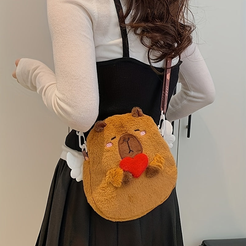 1pc Women'S Cute Capybara Crossbody Bag with Angel Wings & Heart - Plush Cartoon Design, Brown Faux Fur, Zipper Closure, Polyester Lined, Animal-Themed Shoulder Bag for Casual Outings, Cute Crossbody Ba