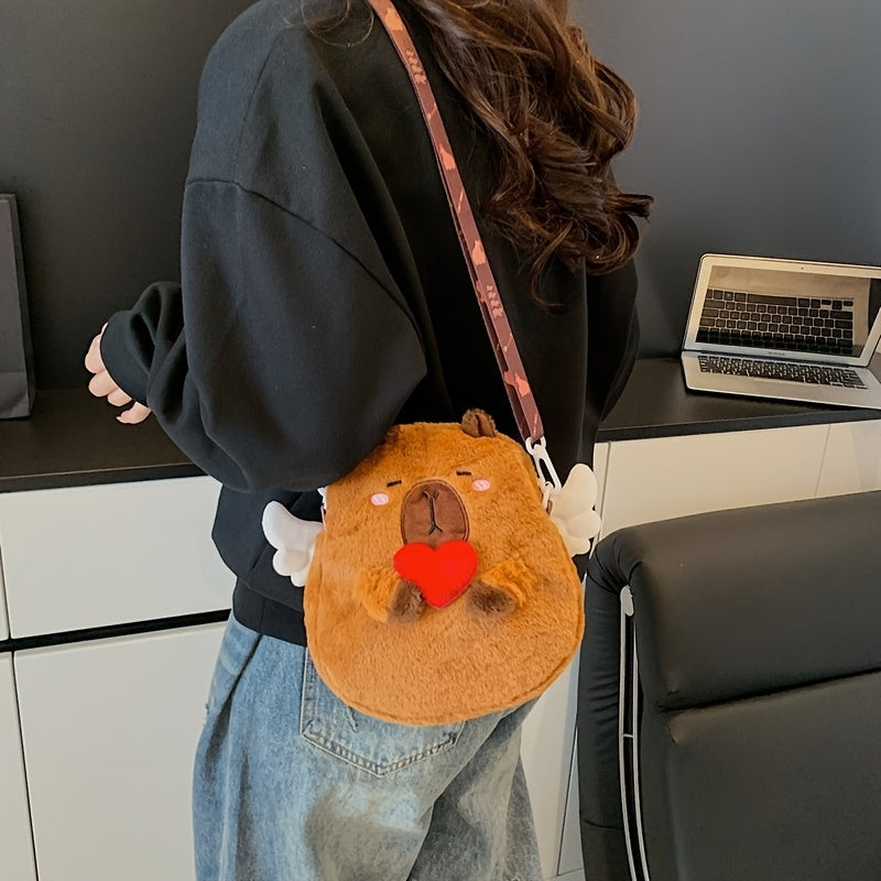 1pc Women'S Cute Capybara Crossbody Bag with Angel Wings & Heart - Plush Cartoon Design, Brown Faux Fur, Zipper Closure, Polyester Lined, Animal-Themed Shoulder Bag for Casual Outings, Cute Crossbody Ba