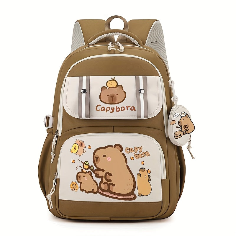 Capybara Casual Backpack | Lightweight Polyester School Bag with Adjustable Straps | Large Capacity | Zip Closure & Front Pocket | Playful Cartoon Design | Ideal for Students, Backpack for School