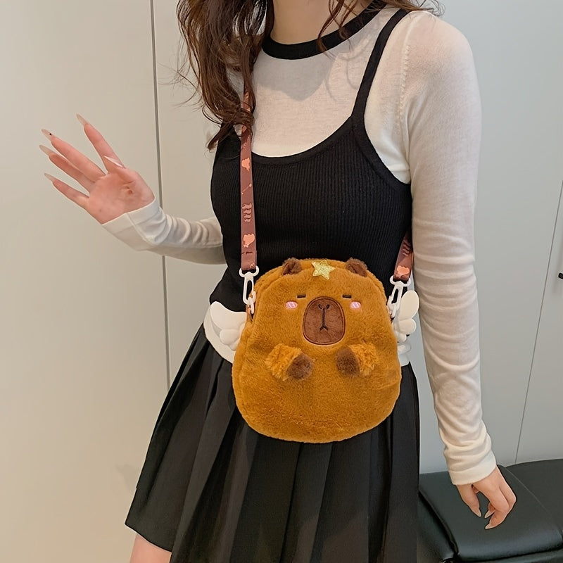 1pc Women'S Cute Capybara Crossbody Bag with Angel Wings & Heart - Plush Cartoon Design, Brown Faux Fur, Zipper Closure, Polyester Lined, Animal-Themed Shoulder Bag for Casual Outings, Cute Crossbody Ba
