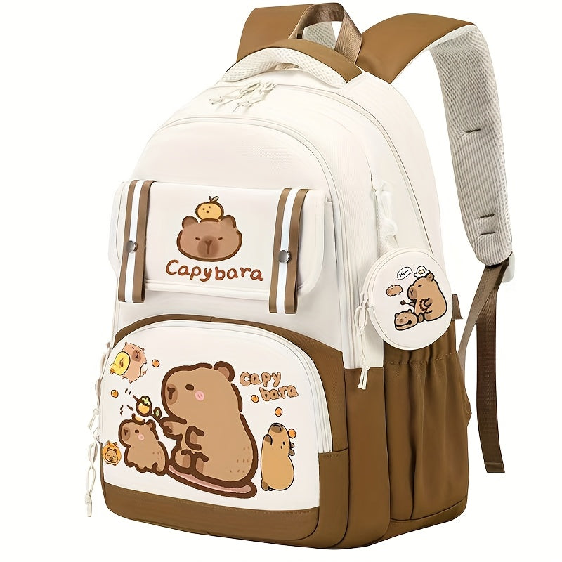 Capybara Casual Backpack | Lightweight Polyester School Bag with Adjustable Straps | Large Capacity | Zip Closure & Front Pocket | Playful Cartoon Design | Ideal for Students, Backpack for School