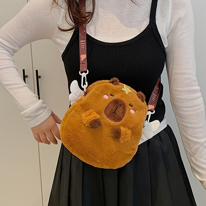 1pc Women'S Cute Capybara Crossbody Bag with Angel Wings & Heart - Plush Cartoon Design, Brown Faux Fur, Zipper Closure, Polyester Lined, Animal-Themed Shoulder Bag for Casual Outings, Cute Crossbody Ba