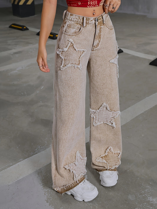 HEY+JEANS Khaki Straight-Leg Jeans with Star-Shaped Ripped Details and Raw Hem, Loose Fit Street Style for Teens, Non-Stretch Denim, Long Length, All-Season Fashion, Zipper Fly Closure, Casual Wear Jeans|Stylish Straight-Leg