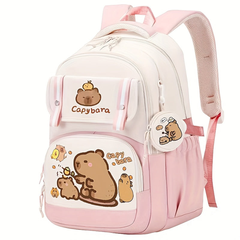 Capybara Casual Backpack | Lightweight Polyester School Bag with Adjustable Straps | Large Capacity | Zip Closure & Front Pocket | Playful Cartoon Design | Ideal for Students, Backpack for School