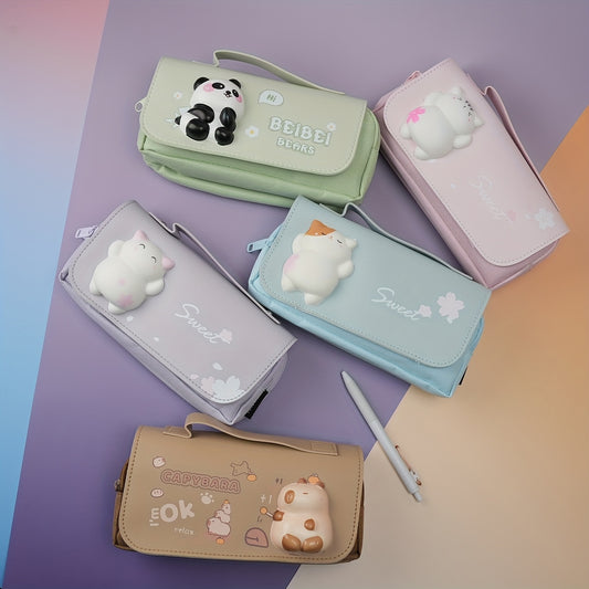 Squeeze It! Trendy Pencil Case, Large Capacity Multi-Functional Stationery Box for Desk Organization - Five Styles: Cute Sloths, Pandas & Kittens (Unisex)