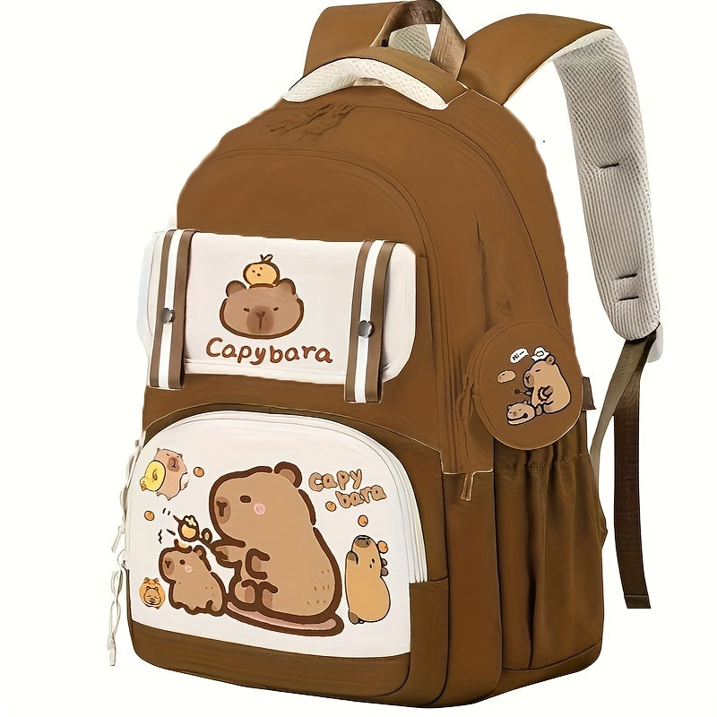 Capybara Casual Backpack | Lightweight Polyester School Bag with Adjustable Straps | Large Capacity | Zip Closure & Front Pocket | Playful Cartoon Design | Ideal for Students, Backpack for School