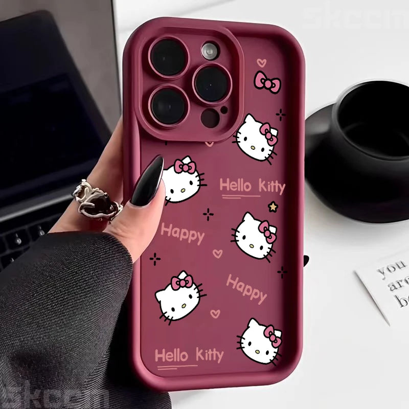 Hello Kitty Love Face Pink Bow Phone Case For iPhone 16 16E 15 14 12 13 11 Pro Max X XR XS 7 8 Plus Y2K Cute Girl Cover
