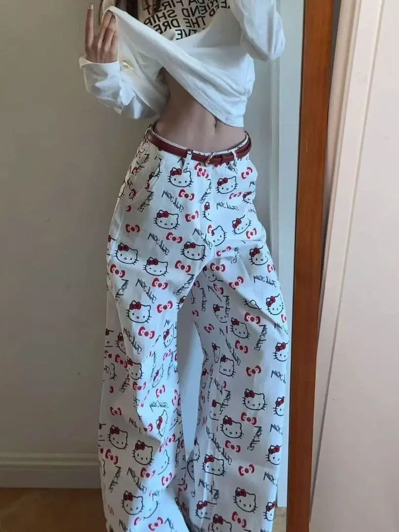 Hello Kitty Print Jeans Women 2025 New Autumn Wide Leg Pants Loose Comfort Trousers Casual Streetwear Vintage Y2K Fashion Trend