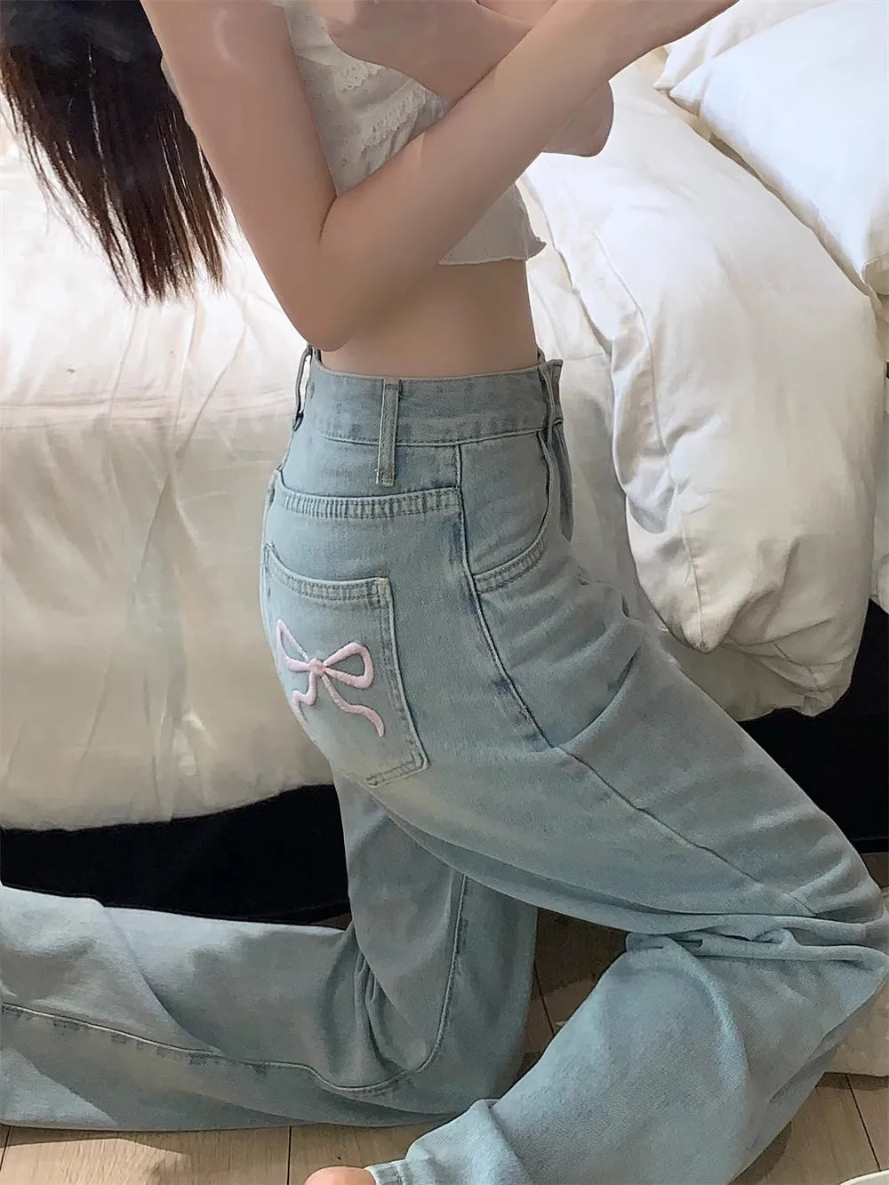 Women's Straight Leg Design Slimming Jeans Loose Fit Wide Leg Hong Kong Style Mm Design Sensibility