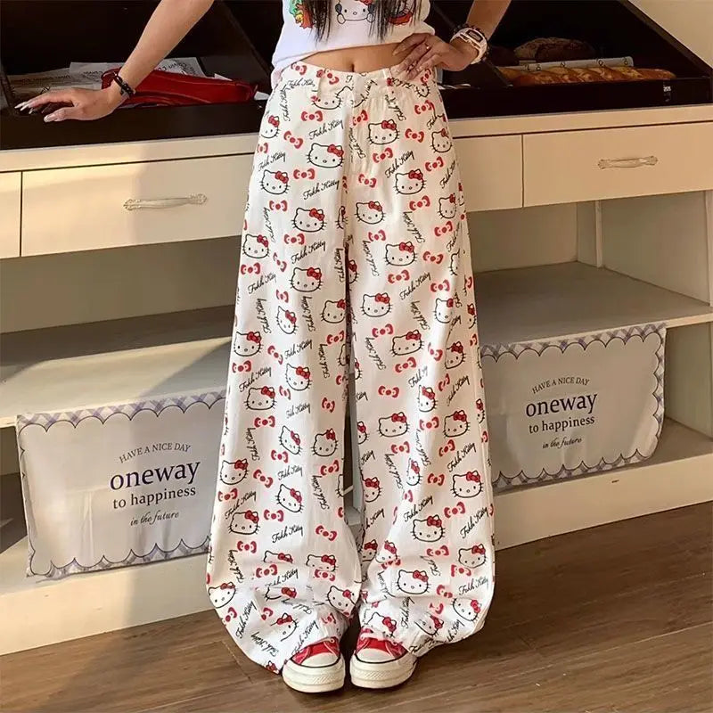 Hello Kitty Print Jeans Women 2025 New Autumn Wide Leg Pants Loose Comfort Trousers Casual Streetwear Vintage Y2K Fashion Trend