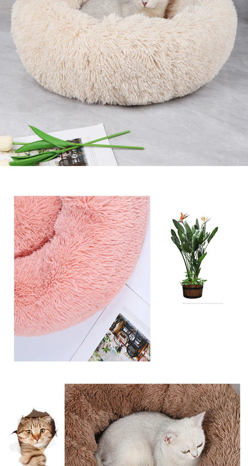 Soft Plush Pet Nest - Warm Washable Round Cat Dog cuddle bed