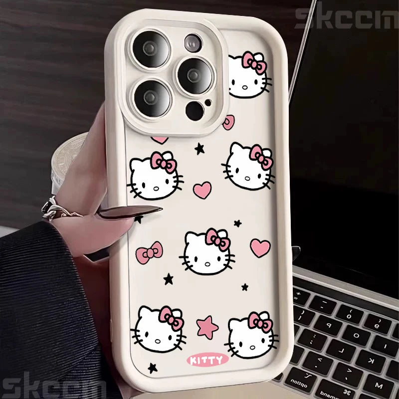 Hello Kitty Love Face Pink Bow Phone Case For iPhone 16 16E 15 14 12 13 11 Pro Max X XR XS 7 8 Plus Y2K Cute Girl Cover
