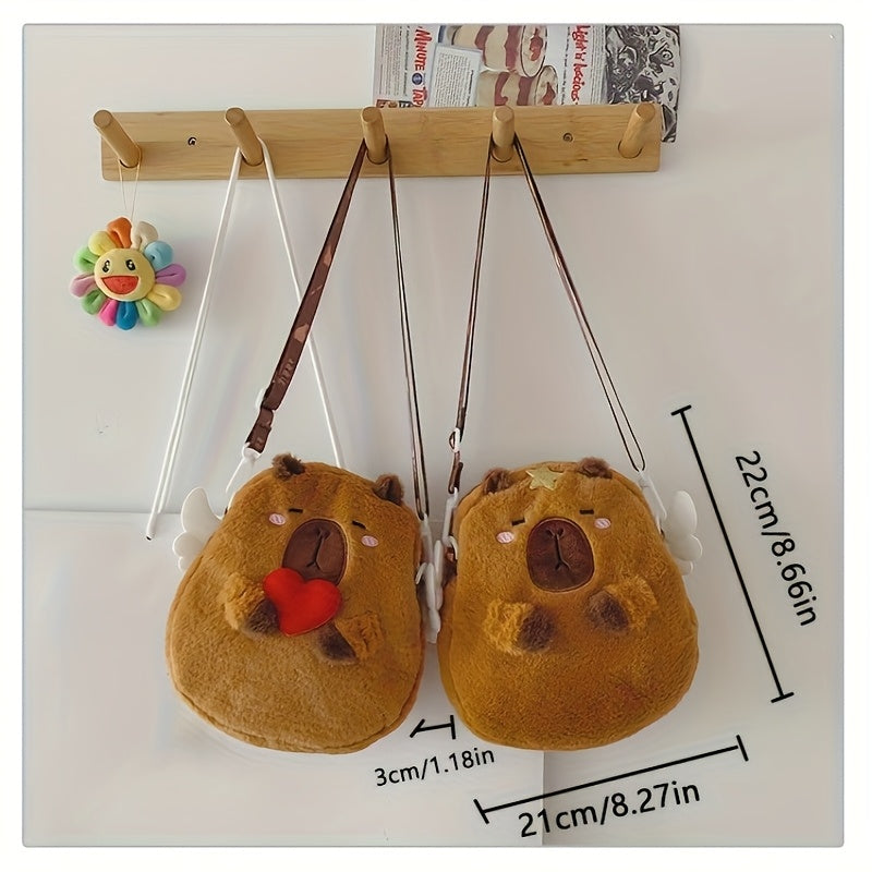 1pc Women'S Cute Capybara Crossbody Bag with Angel Wings & Heart - Plush Cartoon Design, Brown Faux Fur, Zipper Closure, Polyester Lined, Animal-Themed Shoulder Bag for Casual Outings, Cute Crossbody Ba