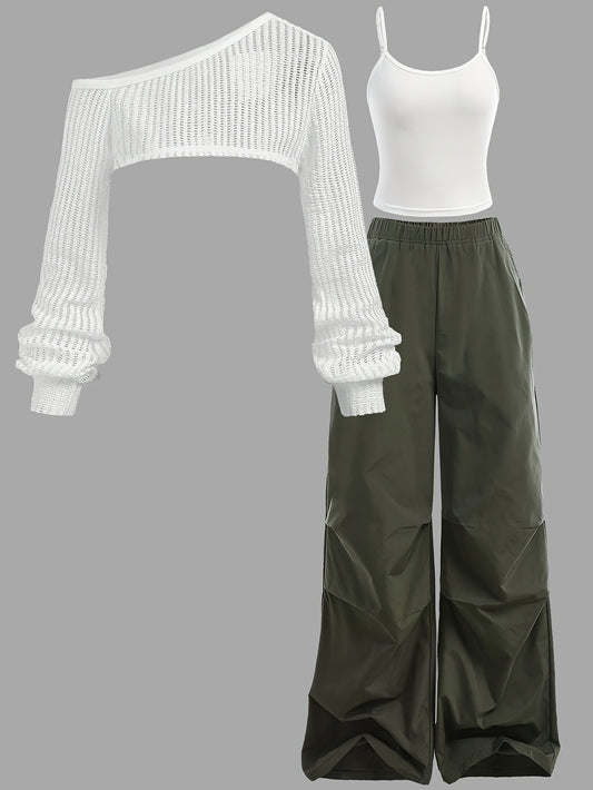 Youth 3pcs Set: Casual Mesh Top + Vest + Cargo Pants for Autumn/Winter, Perfect for Outdoor, for Teenager