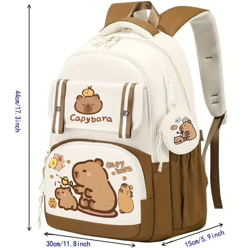 Capybara Casual Backpack | Lightweight Polyester School Bag with Adjustable Straps | Large Capacity | Zip Closure & Front Pocket | Playful Cartoon Design | Ideal for Students, Backpack for School