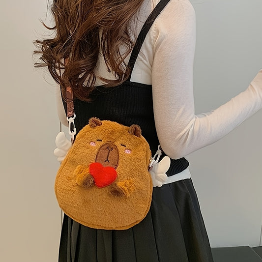 1pc Women'S Cute Capybara Crossbody Bag with Angel Wings & Heart - Plush Cartoon Design, Brown Faux Fur, Zipper Closure, Polyester Lined, Animal-Themed Shoulder Bag for Casual Outings, Cute Crossbody Ba