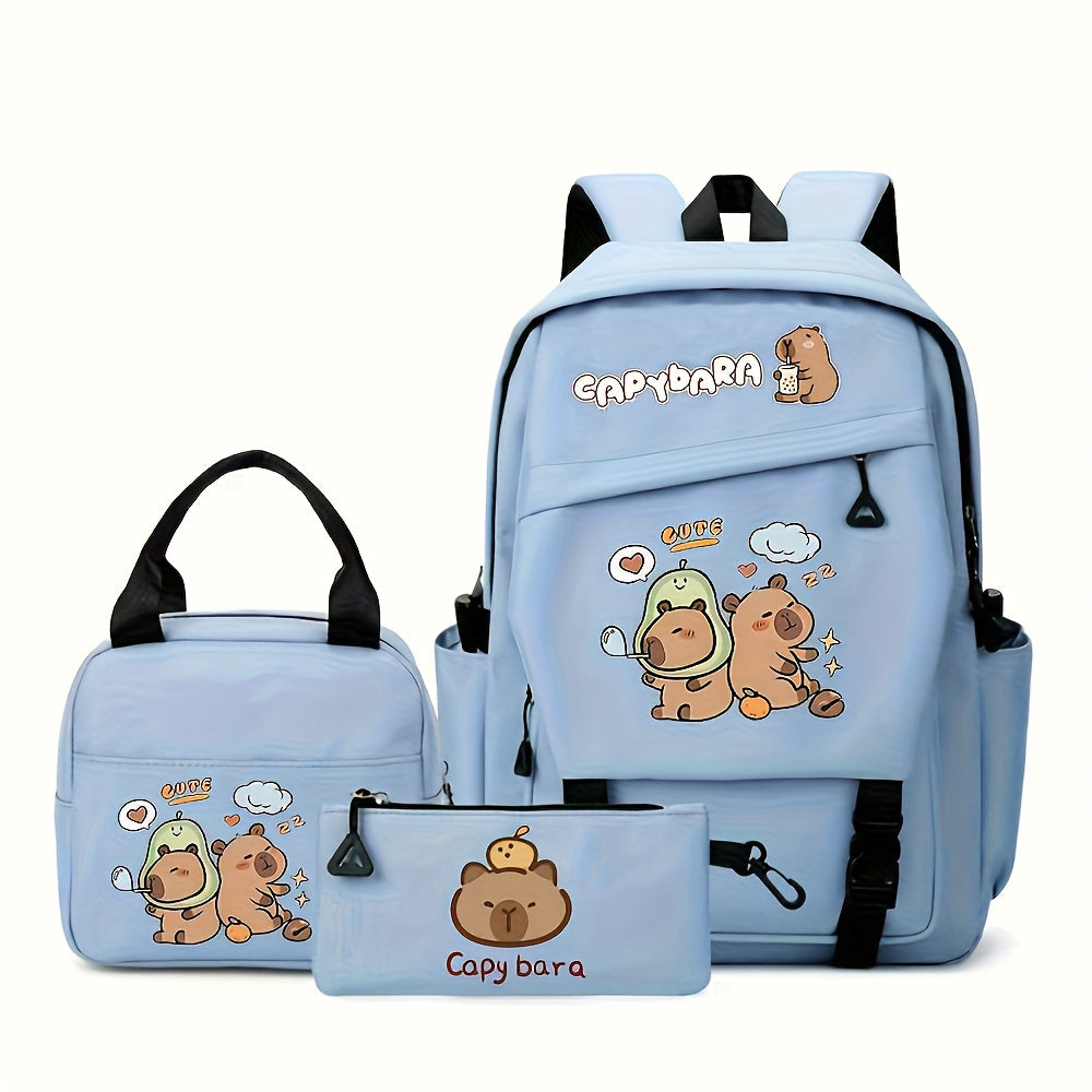 Back-to-School 3pcs Capybara Print Casual Backpack Set: Handbag, Lunch Bag & Pencil Case - Lightweight Nylon with Adjustable Straps and Zipper Closure, Perfect for School Essentials or Travel