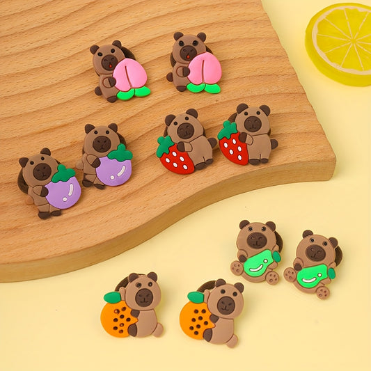 10pcs Cute Capybara Hair Ties - Assorted Colors (Pink, Green, Yellow, Orange, Purple) with Playful Capybara & Fruit Designs, Soft Fabric Hair Accessories for Daily Wear, School Uniforms, or Costume Parties, Cute Hair Accessor