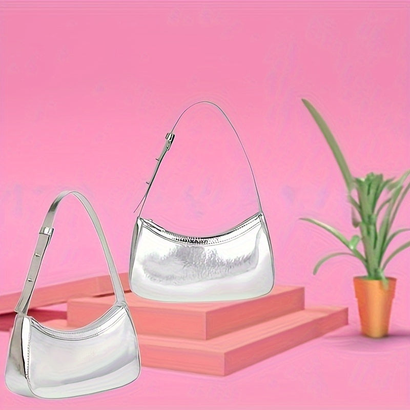 Women'S Minimalist Mirror Finish Silver Shoulder Bag - Lightweight, Zipper Closure, Polyester Lining, Ideal for Casual & Formal Occasions, Casual Shoulder Bag | Minimalist Style | Lightweight Bag