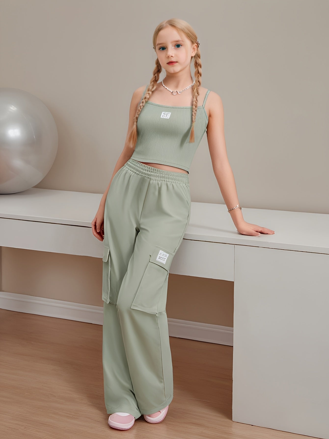 Youth Fashion Casual Design Strapless Top + Elastic Waistband Pocket Cargo Pants Set Two-Piece, Perfect for Outdoor, For Teenager, For Teenager