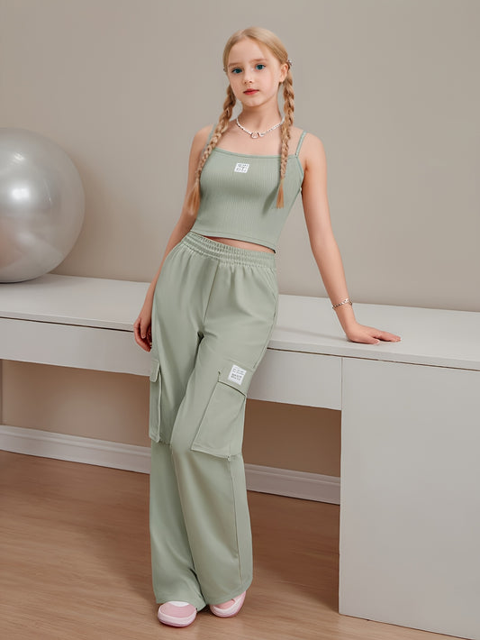 Youth Fashion Casual Design Strapless Top + Elastic Waistband Pocket Cargo Pants Set Two-Piece, Perfect for Outdoor, For Teenager, For Teenager