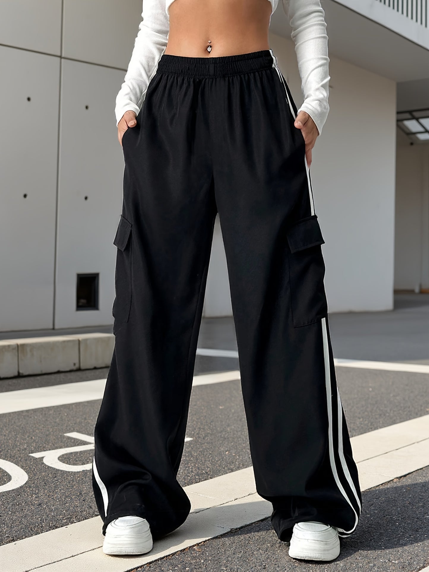 1pc Girls' Youth Cargo Pants - Non-Stretch Work Trousers with Utility Pockets, Elastic Waistband, All-Season Loose Fit Pants for Teens & Young (School, Outdoor, Everyday) - Machine Washable, Outdoor Activities, Streetwear Fas