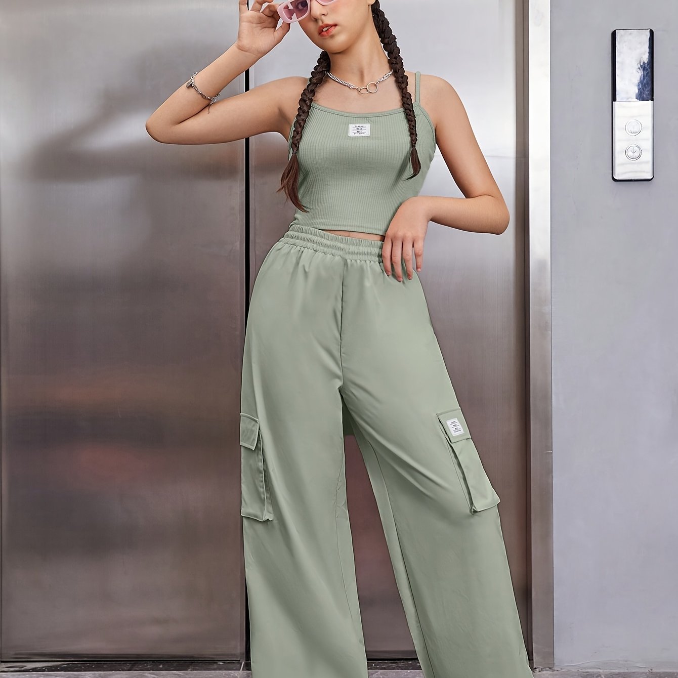 Youth Fashion Casual Design Strapless Top + Elastic Waistband Pocket Cargo Pants Set Two-Piece, Perfect for Outdoor, For Teenager, For Teenager