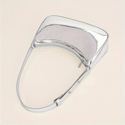 Women'S Minimalist Mirror Finish Silver Shoulder Bag - Lightweight, Zipper Closure, Polyester Lining, Ideal for Casual & Formal Occasions, Casual Shoulder Bag | Minimalist Style | Lightweight Bag