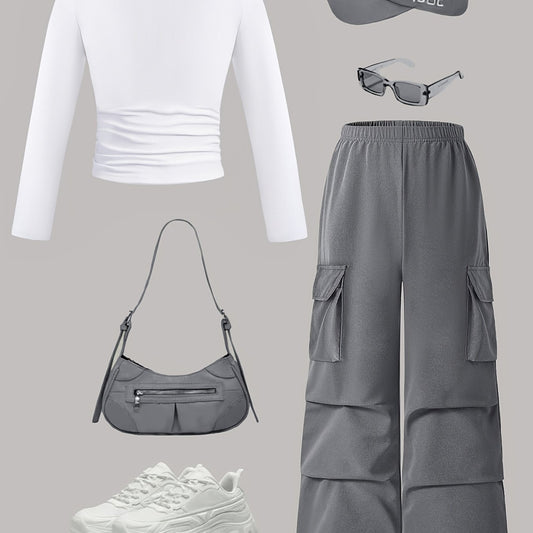 Two-Piece Set - street style Outdoor ´Cool Girls' Fashion Simple Long Sleeve + Cargo Wide-Leg Pants