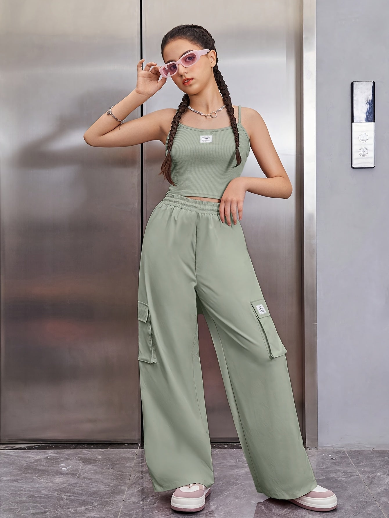 Youth Fashion Casual Design Strapless Top + Elastic Waistband Pocket Cargo Pants Set Two-Piece, Perfect for Outdoor, For Teenager, For Teenager
