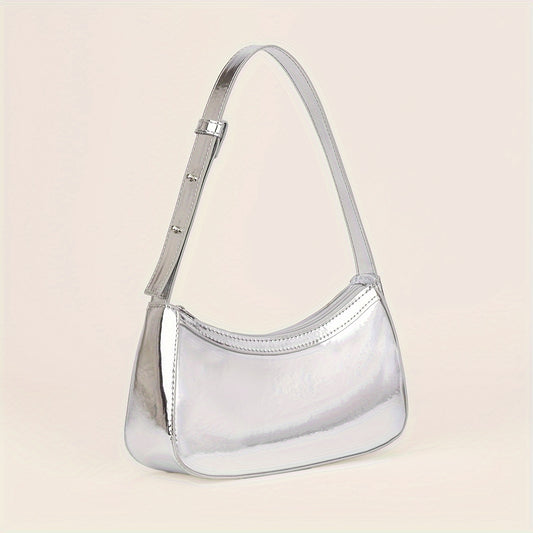 Women'S Minimalist Mirror Finish Silver Shoulder Bag - Lightweight, Zipper Closure, Polyester Lining, Ideal for Casual & Formal Occasions, Casual Shoulder Bag | Minimalist Style | Lightweight Bag