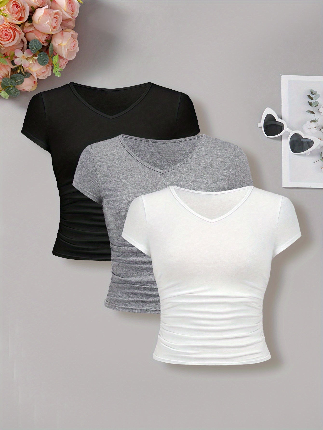 3pcs Set Teen Girl Summer Fashion Sports V-Neck Tight-Fitting Top T-Shirt Outing Versatile Black White Gray Outerwear Clothing, for Teenager