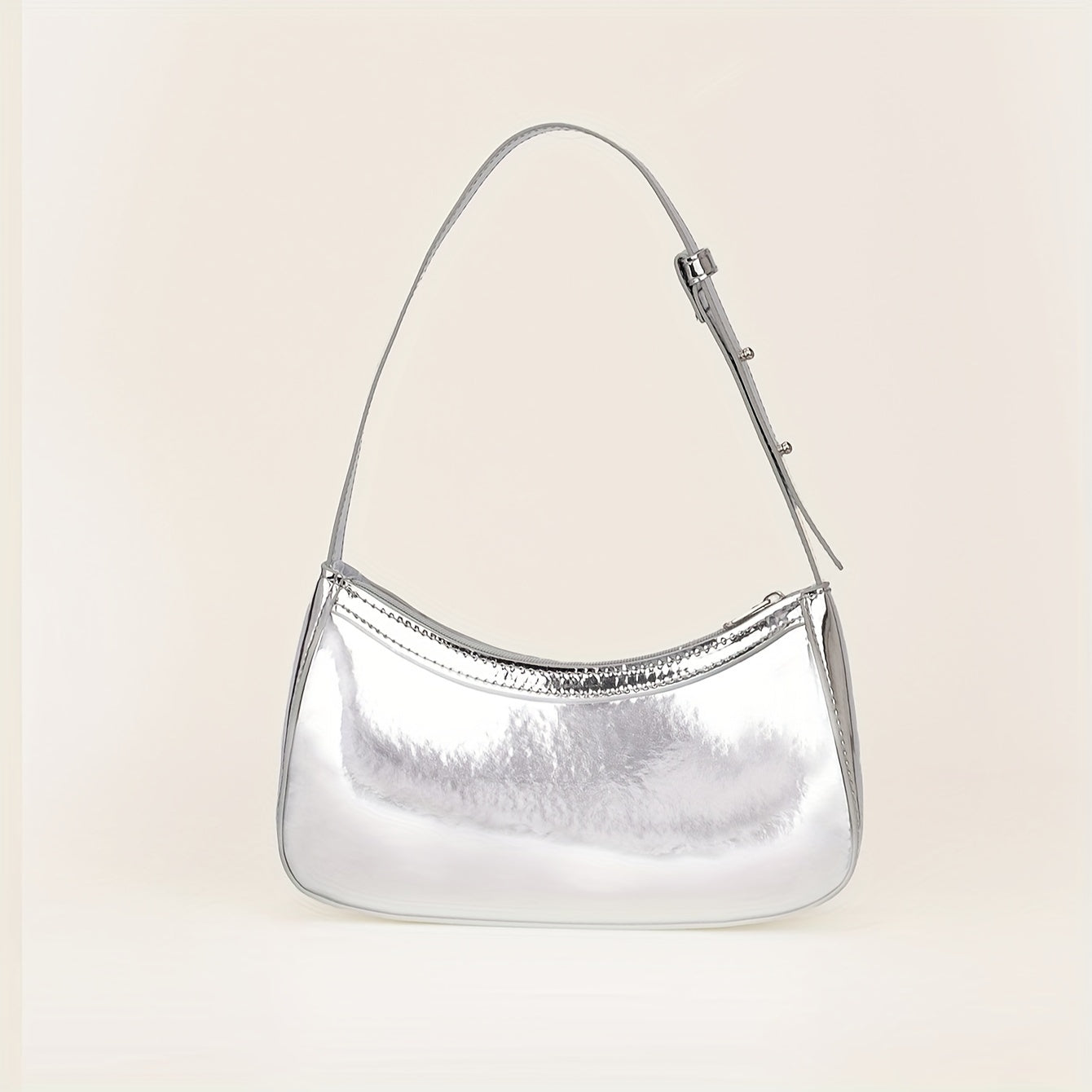 Women'S Minimalist Mirror Finish Silver Shoulder Bag - Lightweight, Zipper Closure, Polyester Lining, Ideal for Casual & Formal Occasions, Casual Shoulder Bag | Minimalist Style | Lightweight Bag
