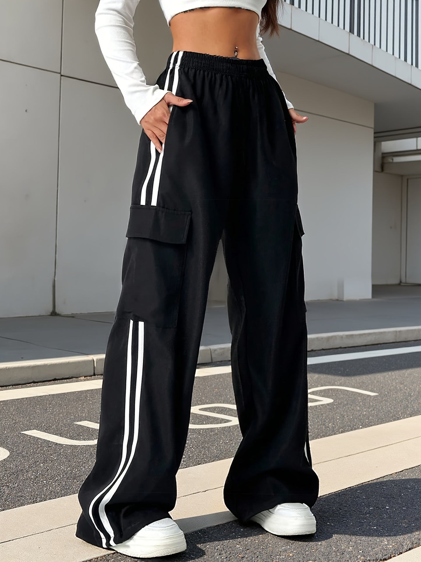 1pc Girls' Youth Cargo Pants - Non-Stretch Work Trousers with Utility Pockets, Elastic Waistband, All-Season Loose Fit Pants for Teens & Young (School, Outdoor, Everyday) - Machine Washable, Outdoor Activities, Streetwear Fas