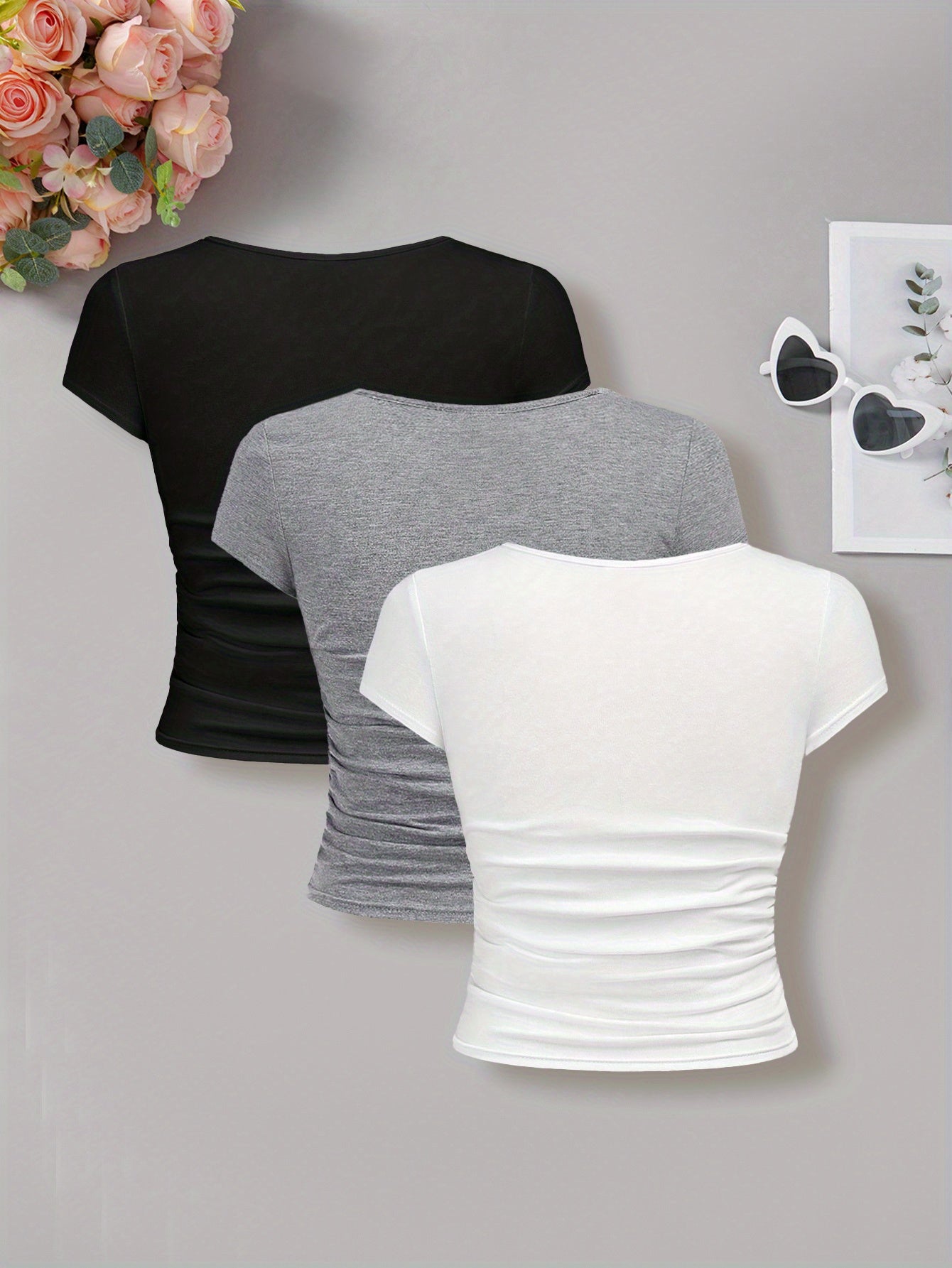 3pcs Set Teen Girl Summer Fashion Sports V-Neck Tight-Fitting Top T-Shirt Outing Versatile Black White Gray Outerwear Clothing, for Teenager