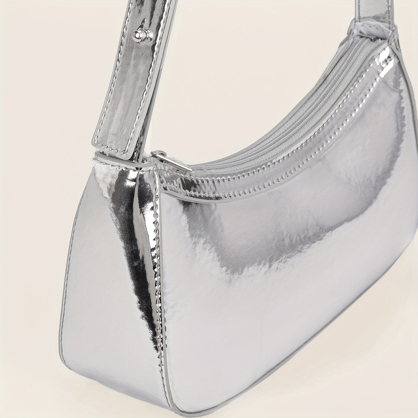 Women'S Minimalist Mirror Finish Silver Shoulder Bag - Lightweight, Zipper Closure, Polyester Lining, Ideal for Casual & Formal Occasions, Casual Shoulder Bag | Minimalist Style | Lightweight Bag