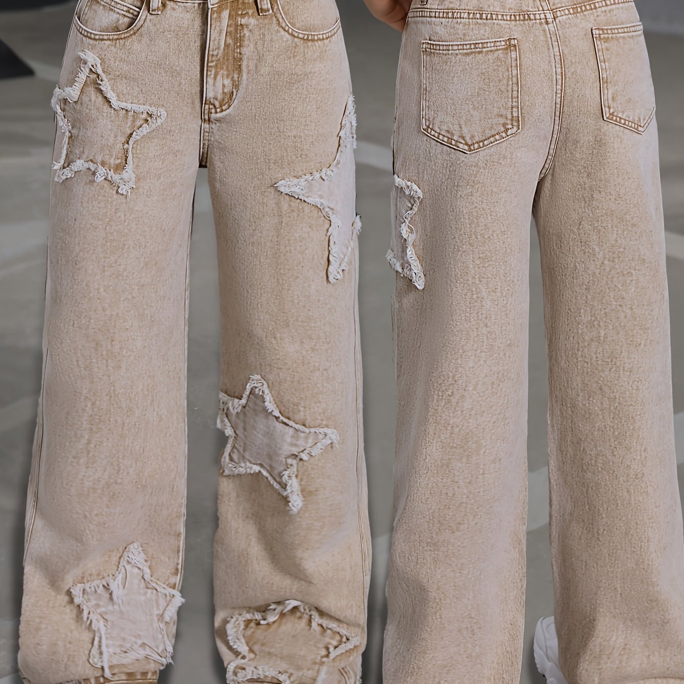 HEY+JEANS Khaki Straight-Leg Jeans with Star-Shaped Ripped Details and Raw Hem, Loose Fit Street Style for Teens, Non-Stretch Denim, Long Length, All-Season Fashion, Zipper Fly Closure, Casual Wear Jeans|Stylish Straight-Leg