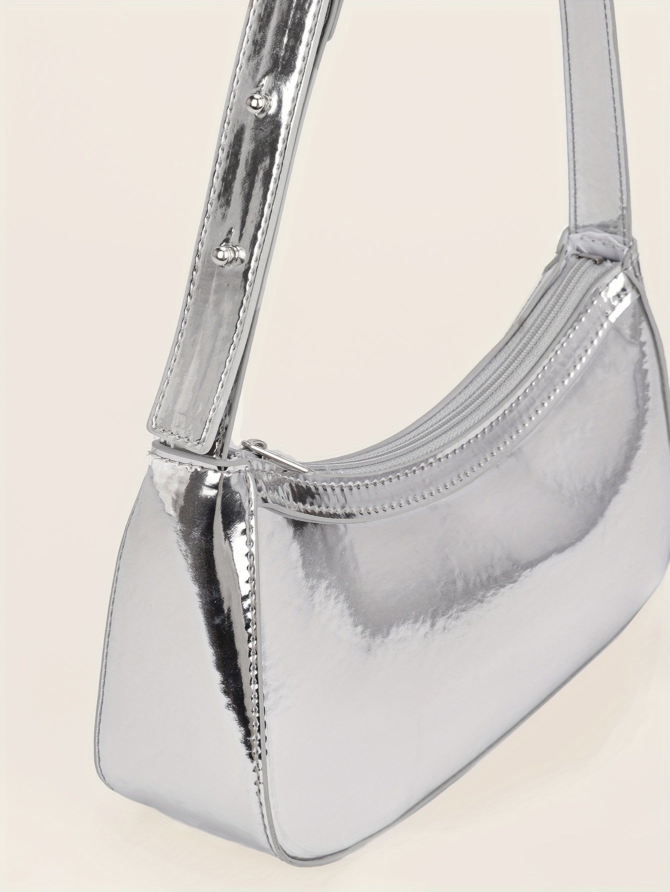 Women'S Minimalist Mirror Finish Silver Shoulder Bag - Lightweight, Zipper Closure, Polyester Lining, Ideal for Casual & Formal Occasions, Casual Shoulder Bag | Minimalist Style | Lightweight Bag