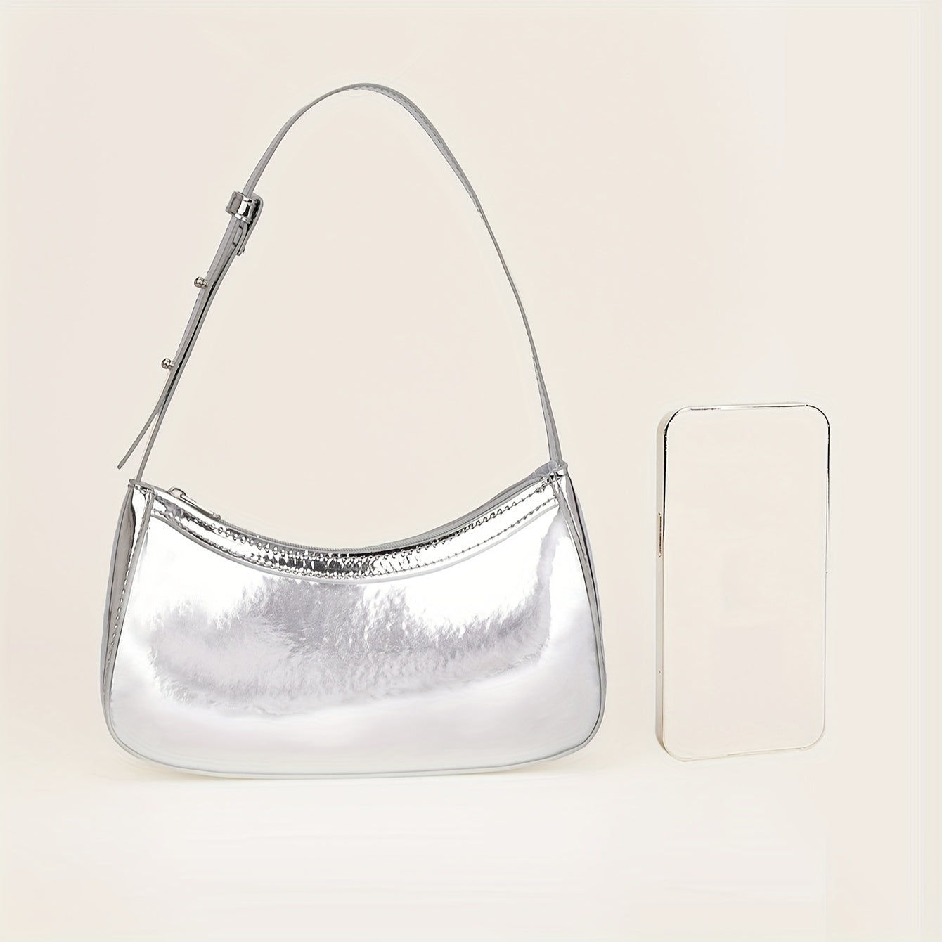 Women'S Minimalist Mirror Finish Silver Shoulder Bag - Lightweight, Zipper Closure, Polyester Lining, Ideal for Casual & Formal Occasions, Casual Shoulder Bag | Minimalist Style | Lightweight Bag