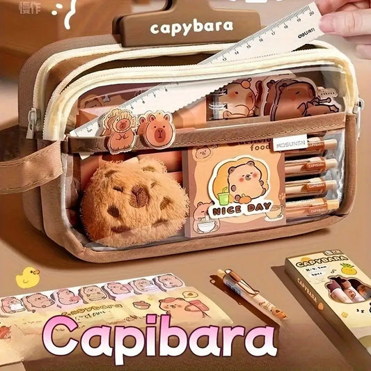 43pcs Cute Capybara Pencil Case Set with Dolls, Stickers & Accessories - Spacious Multi-Compartment Organizer, Zipper Closure, School Supplies, Back-to-School Essentials