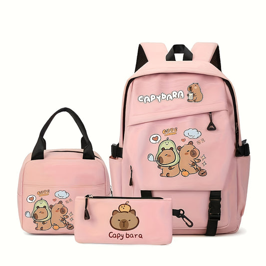 Back-to-School 3pcs Capybara Print Casual Backpack Set: Handbag, Lunch Bag & Pencil Case - Lightweight Nylon with Adjustable Straps and Zipper Closure, Perfect for School Essentials or Travel
