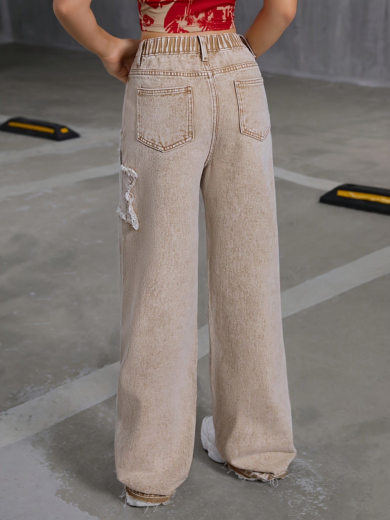 HEY+JEANS Khaki Straight-Leg Jeans with Star-Shaped Ripped Details and Raw Hem, Loose Fit Street Style for Teens, Non-Stretch Denim, Long Length, All-Season Fashion, Zipper Fly Closure, Casual Wear Jeans|Stylish Straight-Leg