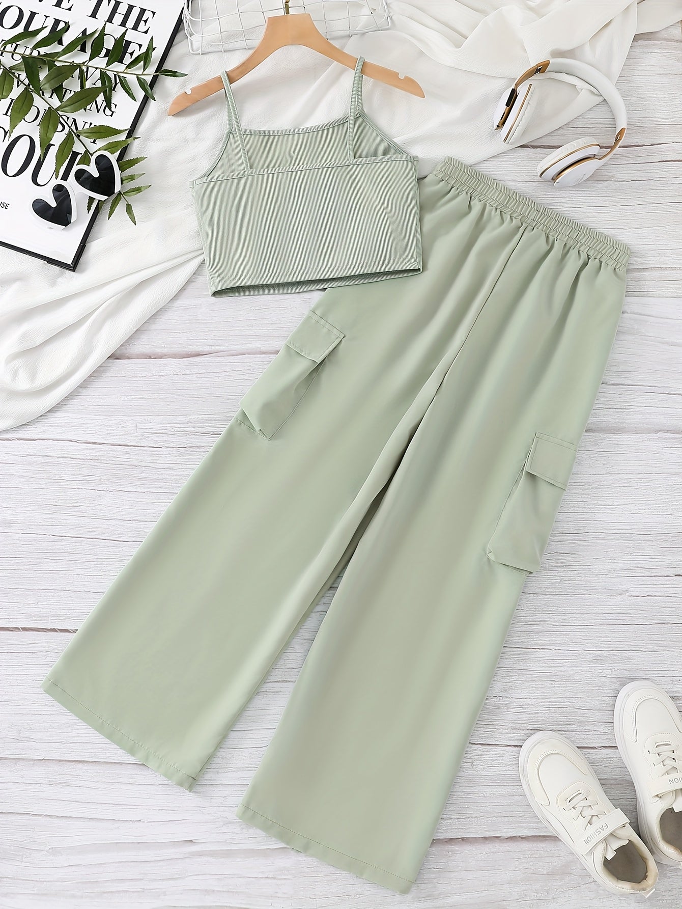 Youth Fashion Casual Design Strapless Top + Elastic Waistband Pocket Cargo Pants Set Two-Piece, Perfect for Outdoor, For Teenager, For Teenager