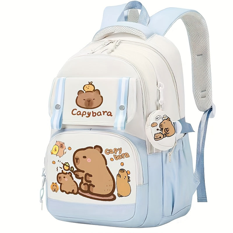 Capybara Casual Backpack | Lightweight Polyester School Bag with Adjustable Straps | Large Capacity | Zip Closure & Front Pocket | Playful Cartoon Design | Ideal for Students, Backpack for School