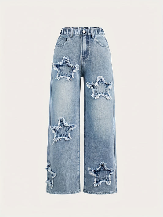 Teen Girls' Light Blue Star-Embellished Faux Denim - Loose Fit Straight-Leg Faux Denim Pants with Elastic Waistband, Unique Geometric Star Pattern, All-Season Casual Wear, No Pockets Design for Comfort & Style, Teenage Fashio