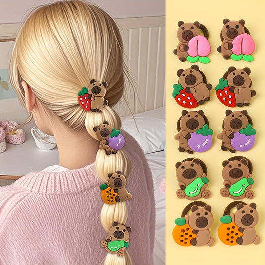 10pcs Cute Capybara Hair Ties - Assorted Colors (Pink, Green, Yellow, Orange, Purple) with Playful Capybara & Fruit Designs, Soft Fabric Hair Accessories for Daily Wear, School Uniforms, or Costume Parties, Cute Hair Accessor