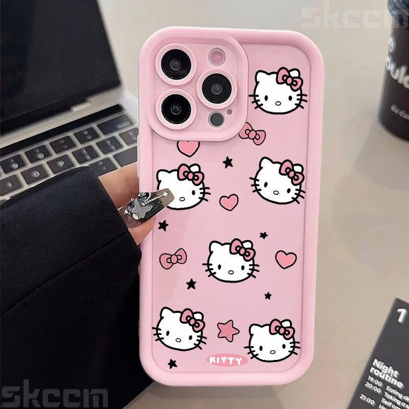 Hello Kitty Love Face Pink Bow Phone Case For iPhone 16 16E 15 14 12 13 11 Pro Max X XR XS 7 8 Plus Y2K Cute Girl Cover