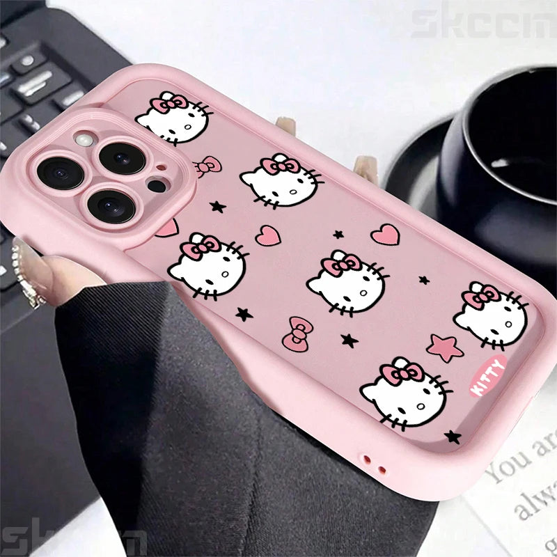 Hello Kitty Love Face Pink Bow Phone Case For iPhone 16 16E 15 14 12 13 11 Pro Max X XR XS 7 8 Plus Y2K Cute Girl Cover